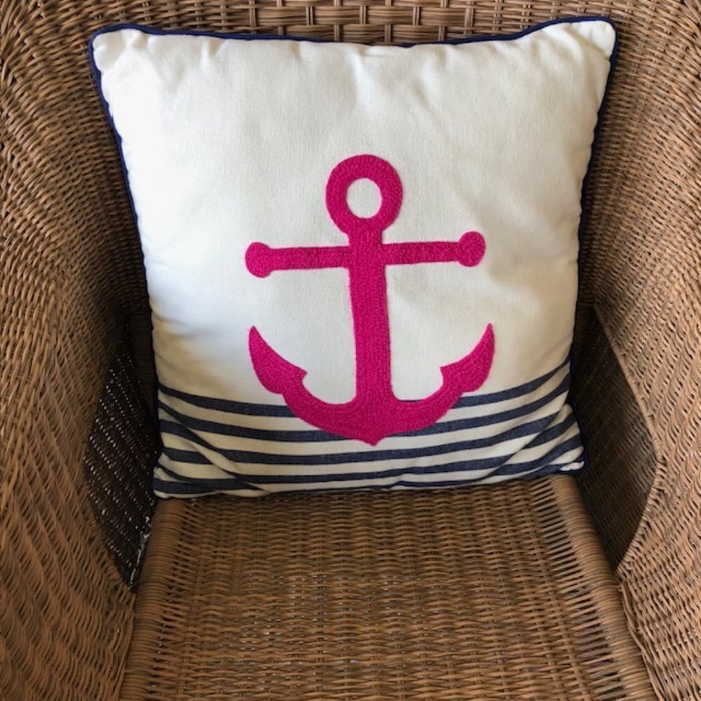 THRESHOLD Nautical Anchor Fuchsia Blue White Stripe Throw Pillow 18 x 18 - Picture 4 of 13